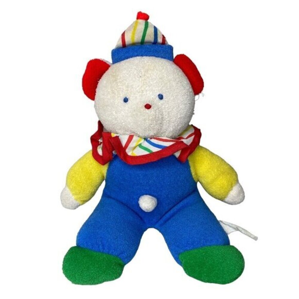Vintage Clown Bear Plush Red Blue Yellow Green Terry Cloth Neck Ruffle Stuffed A